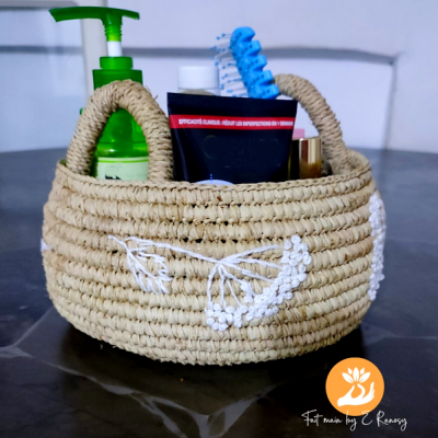 Natural Bathroom Storage Basket with Raffia and Embroidery