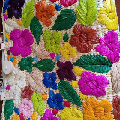 Multicolor Embroidered Raffia Tote - 100% Handmade