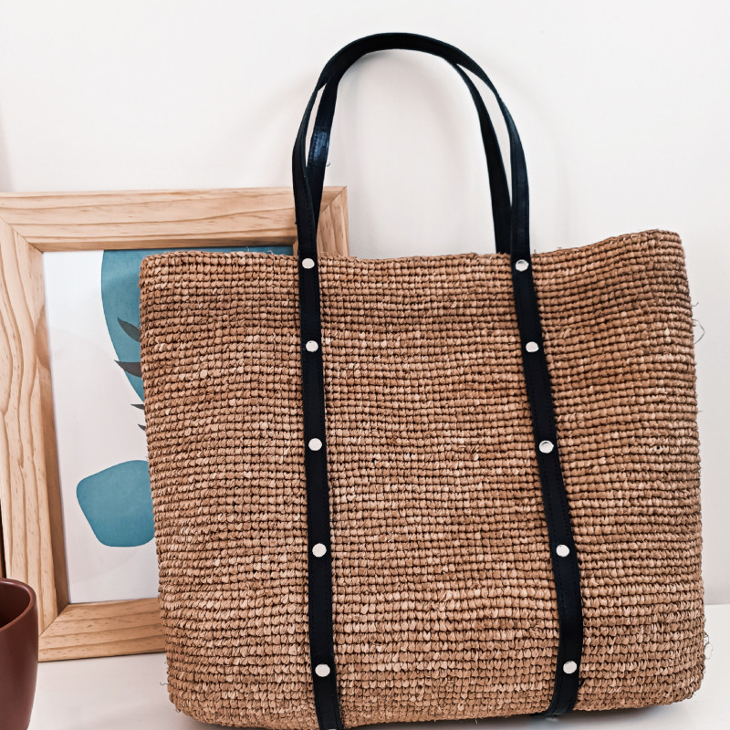 MIHANTA - Raffia Tote Bag for Women with Leather Handles, Pouch, and Zipper Closure, Dimensions 34/34