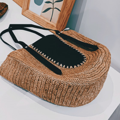 MEVA - Handwoven Half Moon Raffia Bag with Adjustable Leather Handles