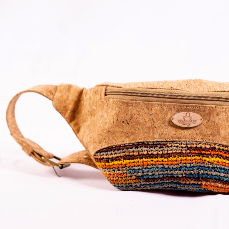 Evana Banana Bag - Cork and Raffia Crochet Fanny Pack with Closure - Unique Generation Motif