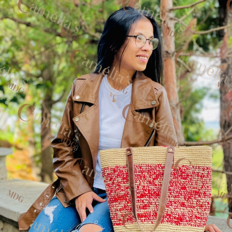 Sac en Raphia ( Naturel chiné rouge)