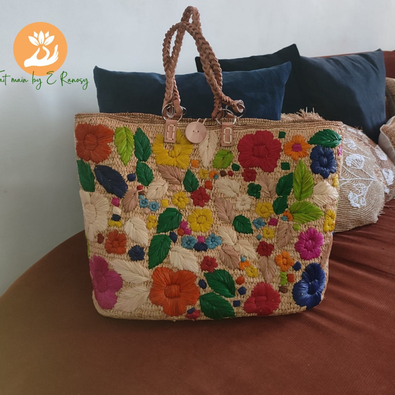 Multicolor Embroidered Raffia Tote - 100% Handmade