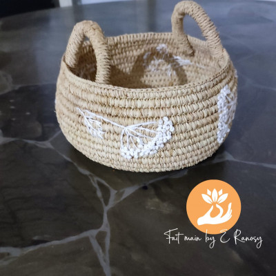 Natural Bathroom Storage Basket with Raffia and Embroidery