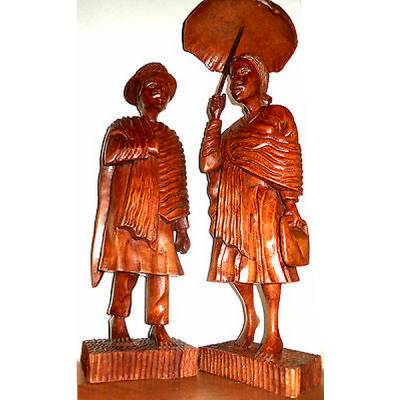 Handcrafted Palisander Wood Statuette of a Traditional Couple - Approximately 30 cm Height