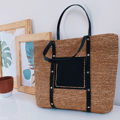 MIHANTA - Raffia Tote Bag for Women with Leather Handles, Pouch, and Zipper Closure, Dimensions 34/34