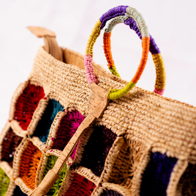 ARENAH - Unique Multicolored Handbag Crocheted with Raffia and Cork