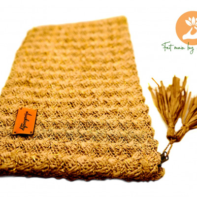 Raphia Clutch in Tea Color with Crochet and Gold Thread - Multi-purpose Pouch "Tropical Paradise"