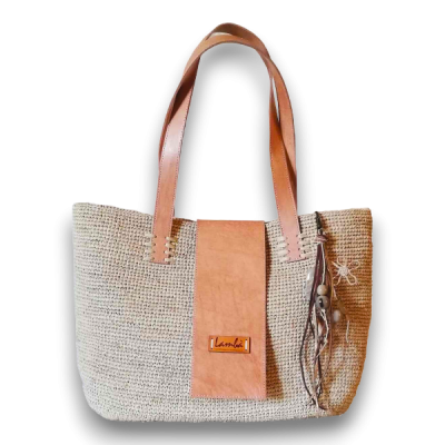 Natural Color Tote Bag with Leather Handles and Flap