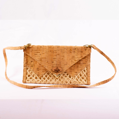 Camille Cork Pouch with Raffia Crochet and Magnetic Clasp
